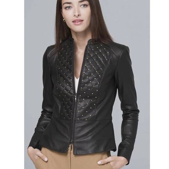 WHBM Gold Studded Black Leather Jacket Size Small - Picture 1 of 9